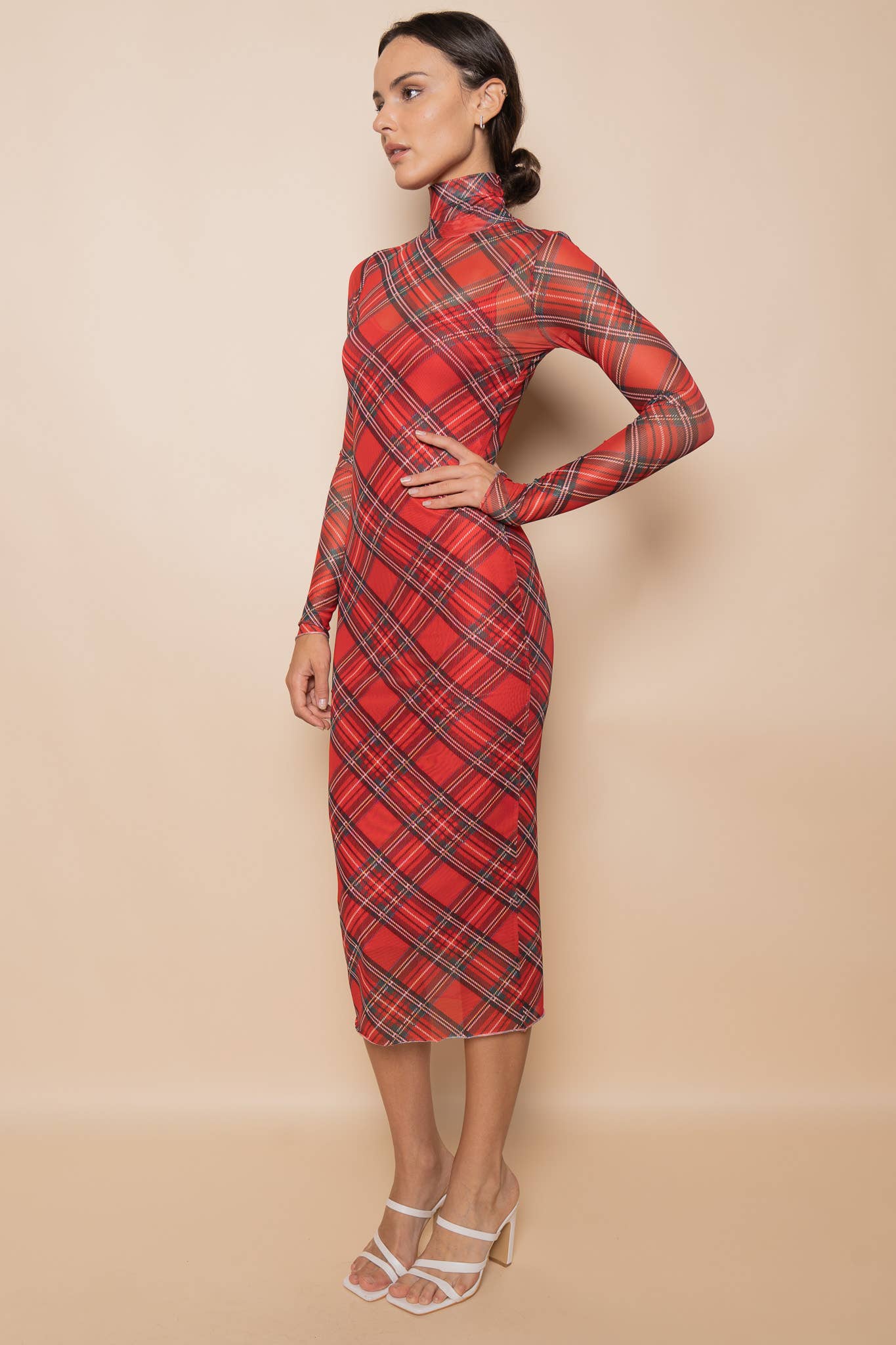 TURTLE NECK RED PLAID MESH MIDI DRESS-DD6293GFO for wholesale on Faire2