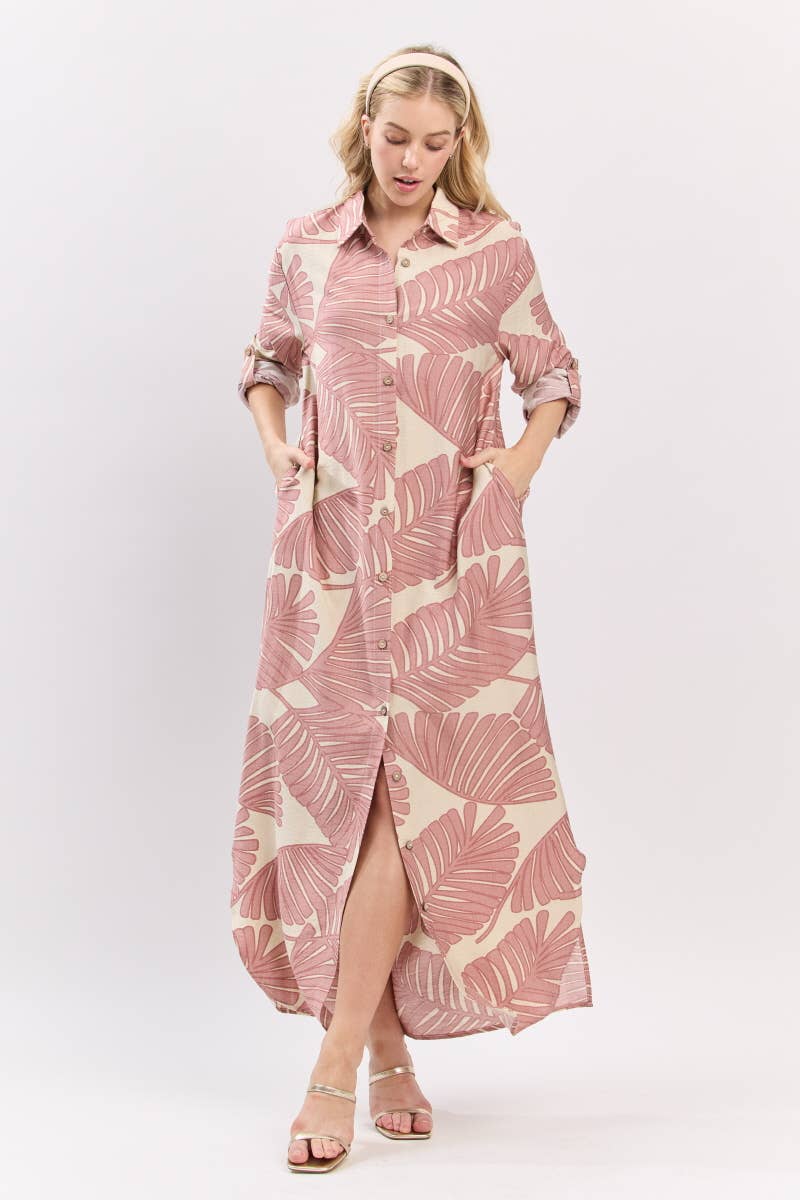 B I G H I T Fashion - Wholesale Dress - Women's - Palm Print Button-Down Maxi Dress HD3104-BLUSH4