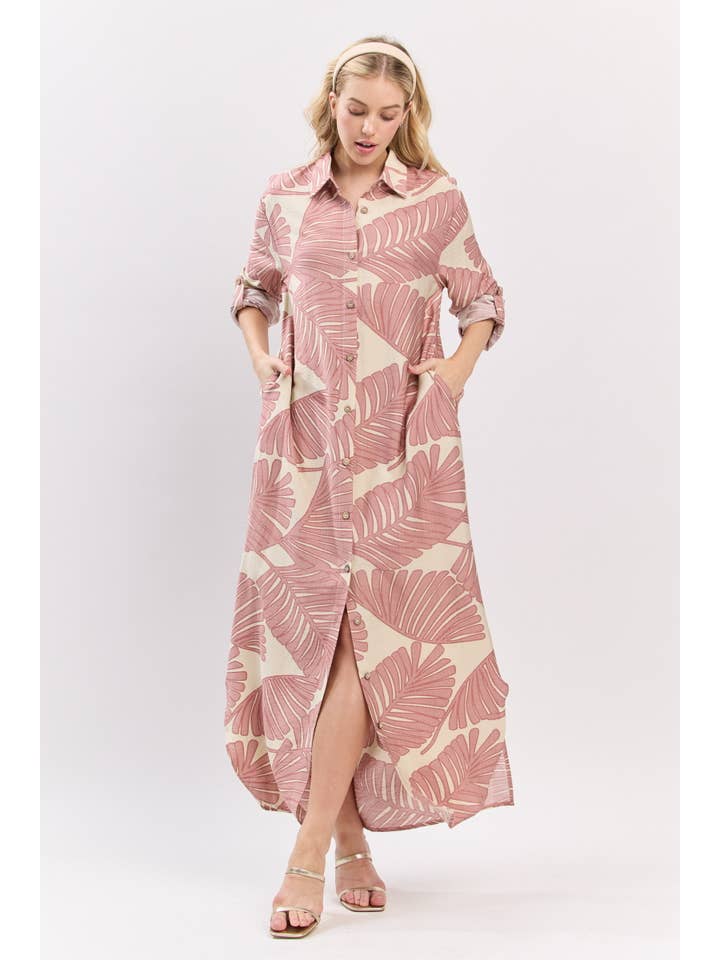 B I G H I T Fashion - Wholesale Dress - Women's - Palm Print Button-Down Maxi Dress HD3104-BLUSH4
