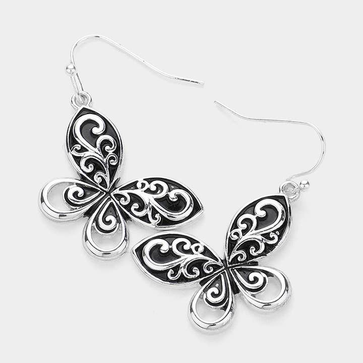Orecchini pendenti a farfalla in metallo antico per la vendita all'ingrosso da parte di Sensibling Corp.
