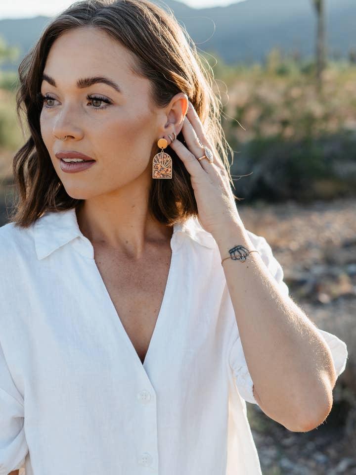 Sun and Mountain Glitter Overlay | Brass Statement Dangles for wholesale by Hupomeno Designs