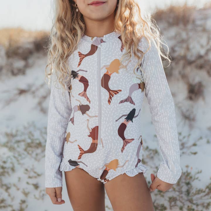 Oopsie Daisy - Wholesale One Piece Swimsuit - Kids - Kids White & Brown Mermaid Zip Rash Guard One Piece Swimsuit