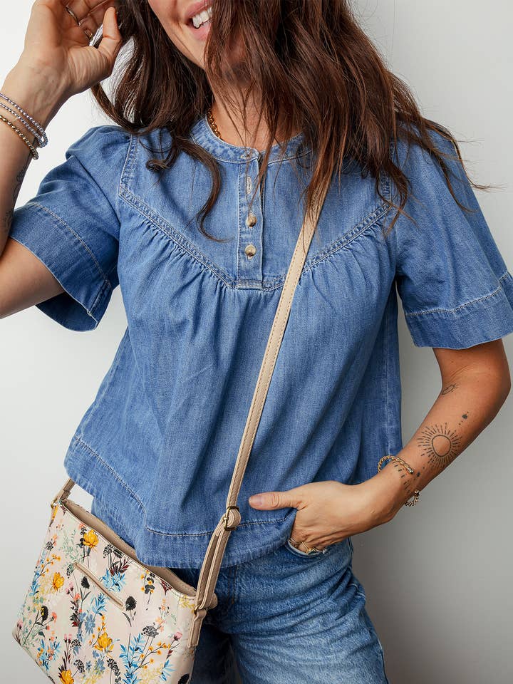 Seam Pleated Detail Half Button Short Sleeve Denim Top for wholesale by 1 the Woman