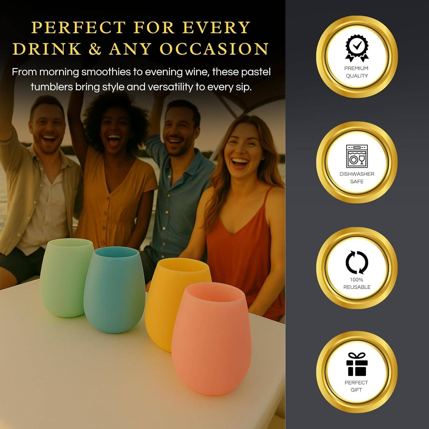 The Wine Savant /  Khen Glassware – Engroshandel Vinglas – Silikone vinglas 12 oz pastelfarvet sæt med 44