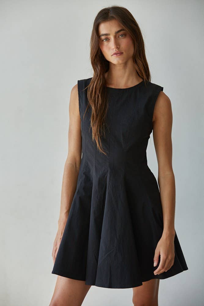 Black L8589 | Woven Cotton Nylon Spandex Flare Mini Dress for wholesale on Faire2