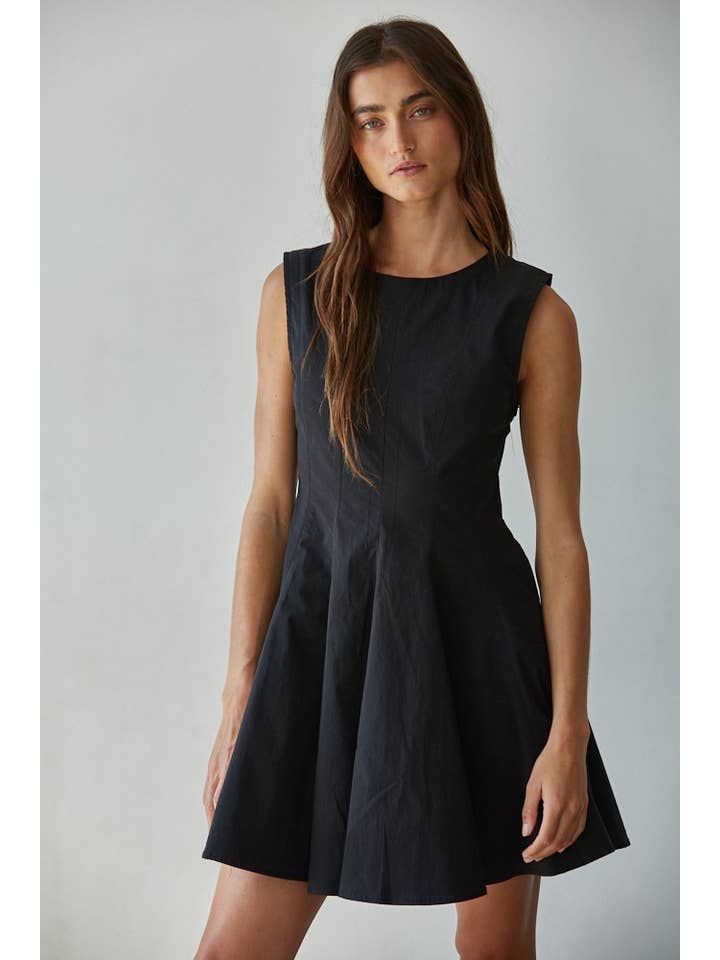 Black L8589 | Woven Cotton Nylon Spandex Flare Mini Dress for wholesale on Faire2