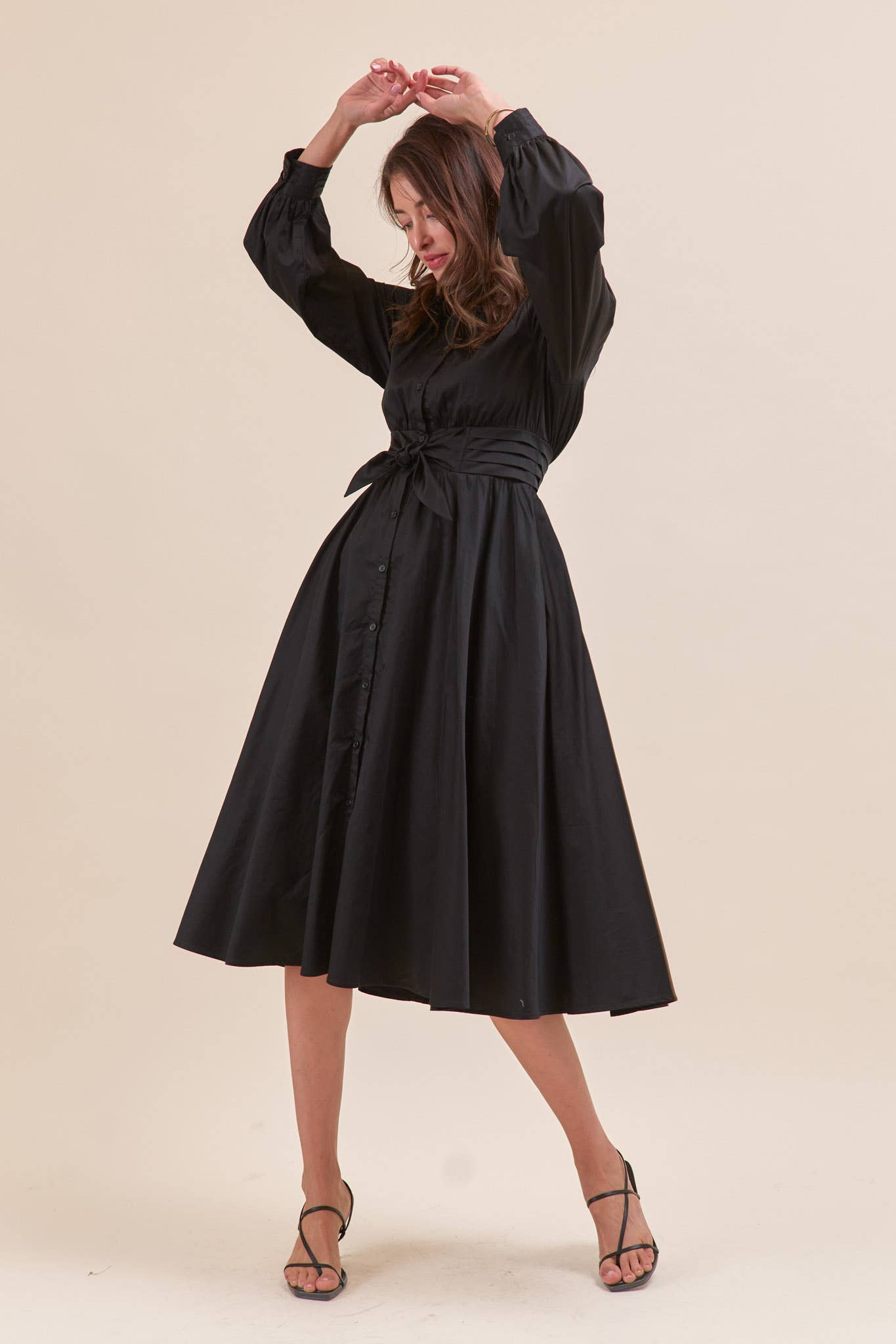 &MERCI - Wholesale Dress - Women's - PINTUCK WAIST TIE FRONT MIDI DRESS MDR421916