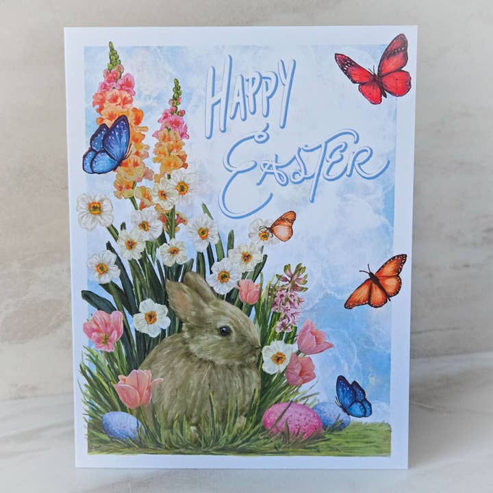 Easter Greeting Card with Bunny & Spring Flowers for wholesale by Scribblebard Illustrations