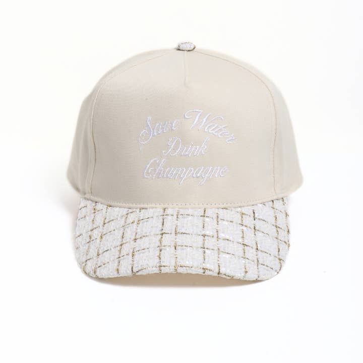 David And Young - Wholesale Baseball Cap - Women's - SAVE WATER DRINK CHAMPAGNE embroidered tweed brim cap1