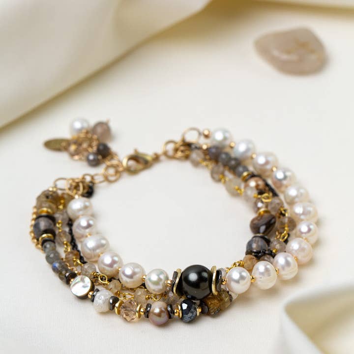 Anne Vaughan Designs Jewelry – wholesale Beaded bracelet – Alchemy 7.75-8.75" Freshwater Pearl, Gold Rutilated Quartz, Abalone Multistrand Bracelet1
