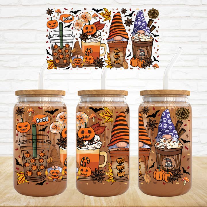 Small Biz Shipping Co - Wholesale Sublimation Transfer - 16oz UV DTF Wrap - Halloween Gnomes