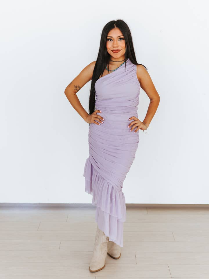 Lavender One Shoulder Wrapped Ruffle Tier Dress for wholesale by LUCKY & BLESSED