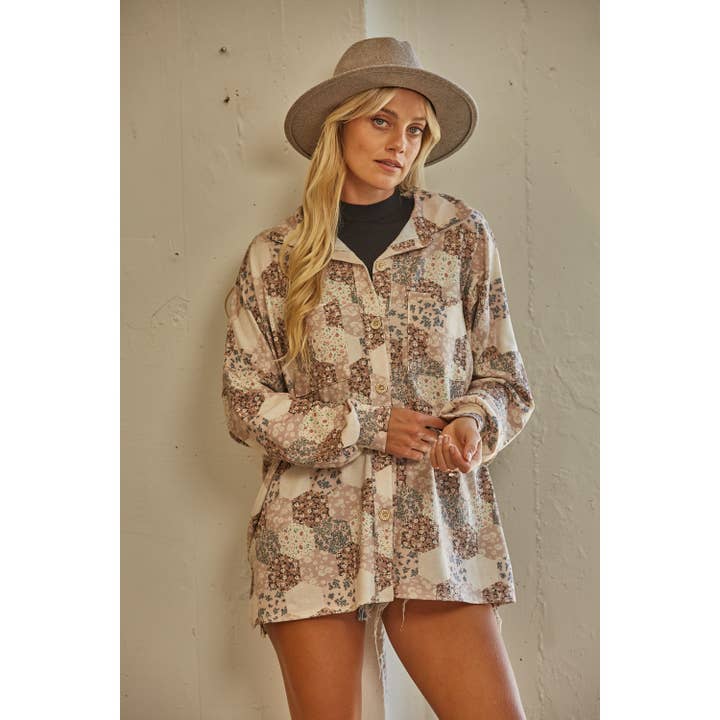 TAMANHO CURVY Retro Patchwork Imprimir Shacket por atacado de salt & bit