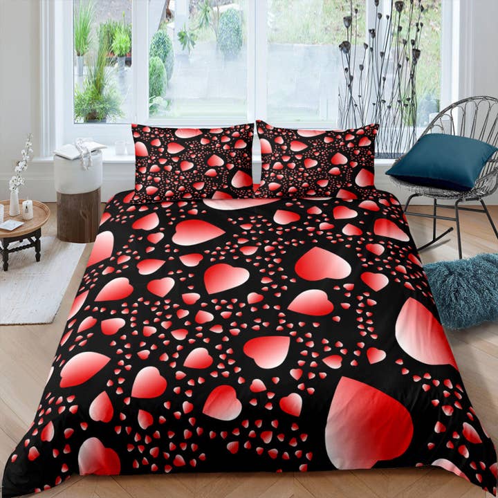 Parure de lit motif cœurs rouges, couvre-lit, taie d'oreiller, taie d'oreiller, housse de couette, chambre à coucher pour couple pour la vente par daintyduvet