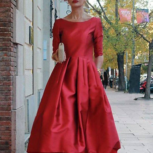 A-Line Loose Pleated Pockets Solid Color Split-Joint Round-Neck Midi Dresses for wholesale by Plush Looks