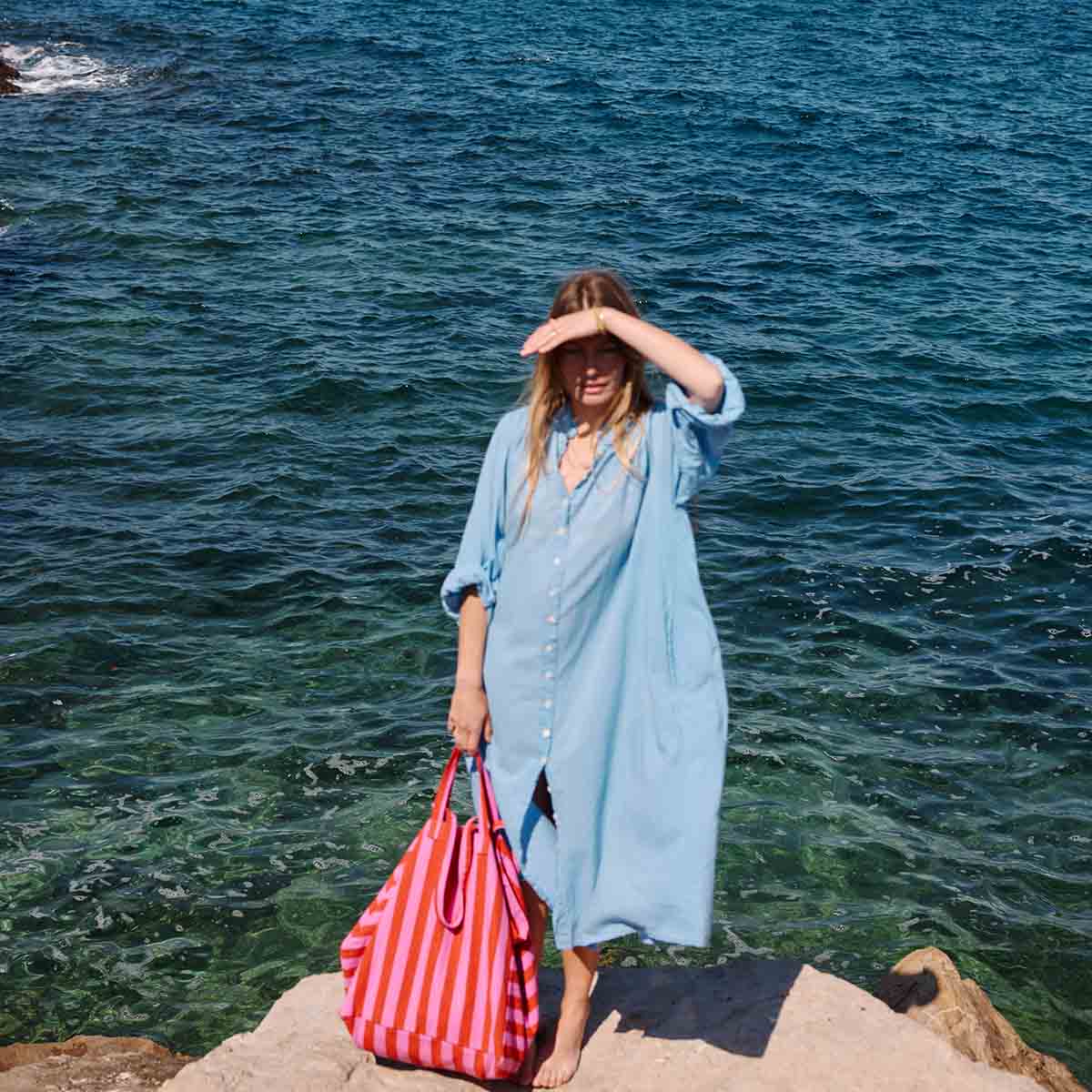 ELISA TOTE BAG STRIPES ORCHID/ TOMATO for wholesale on Faire4