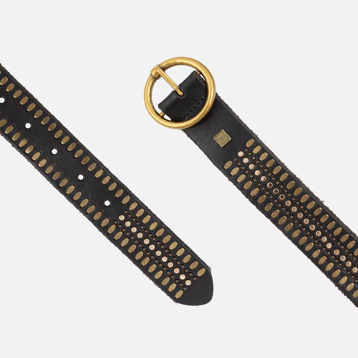 Amsterdam Heritage Leather Belts, Bags, Jackets & Apparel - Wholesale Belt - Women's - Soraya | Gold Circle Buckle Studded Leather Belt Women