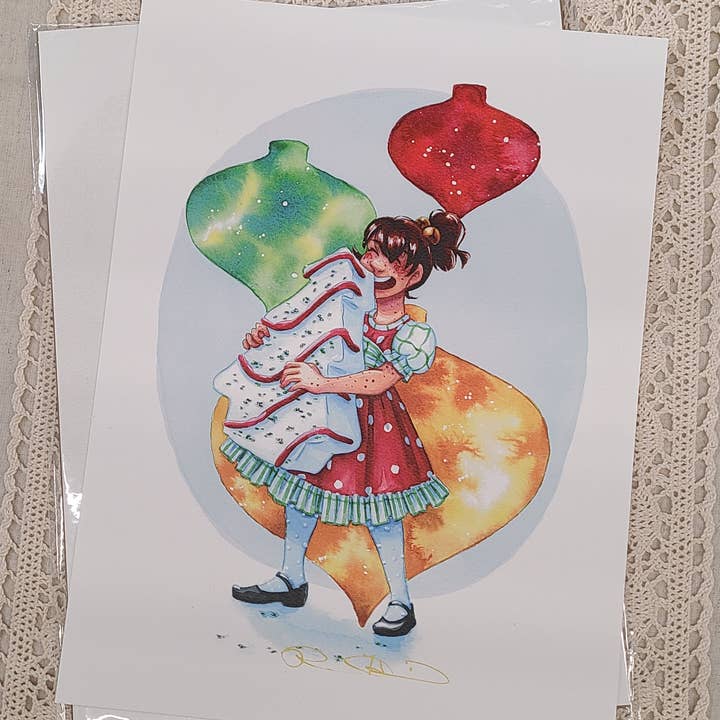 "Christmas Cake" Signed Art Print 9" × 12" archival quality for wholesale by Nattosoup Studio