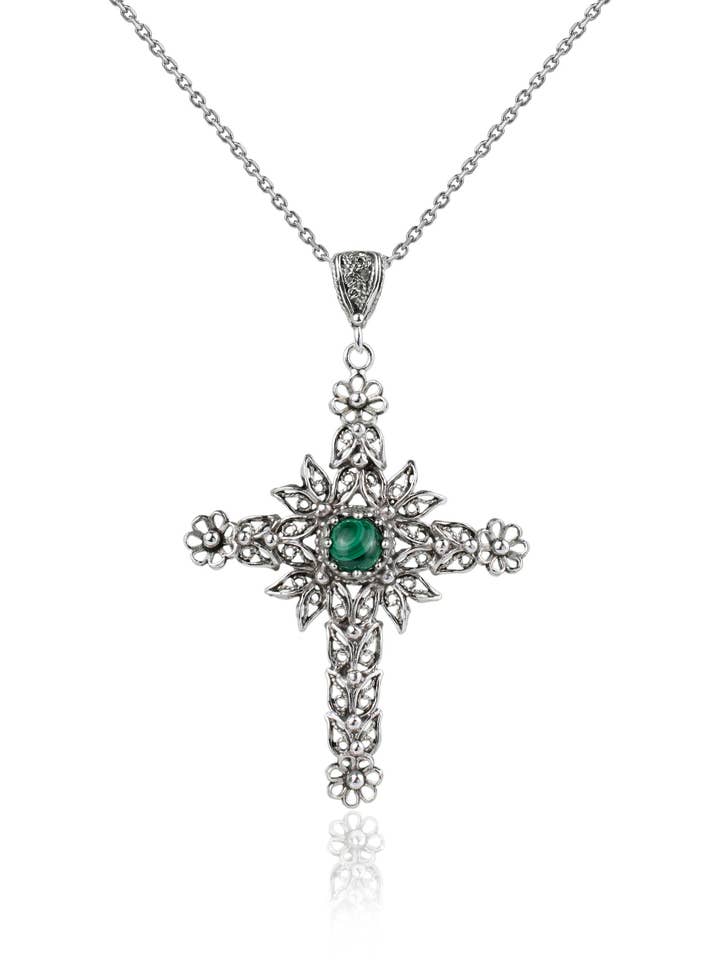 Collana con pendente a croce in argento sterling e malachite per la vendita all'ingrosso da parte di Filigranist Jewelry