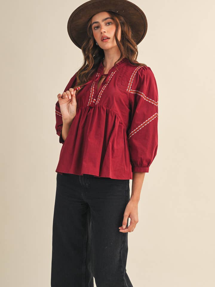 &MERCI - Wholesale Blouse - Women's - EMBROIDERY TRIM BABYDOLL BLOUSE MTP41469