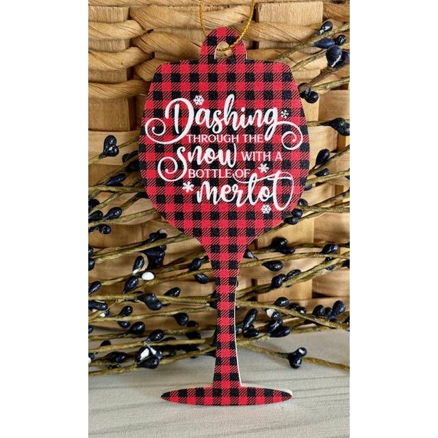SHY Designs, LLC - Wholesale Ornament - Dashing Through the Snow with a Bottle of Merlot Ornament1