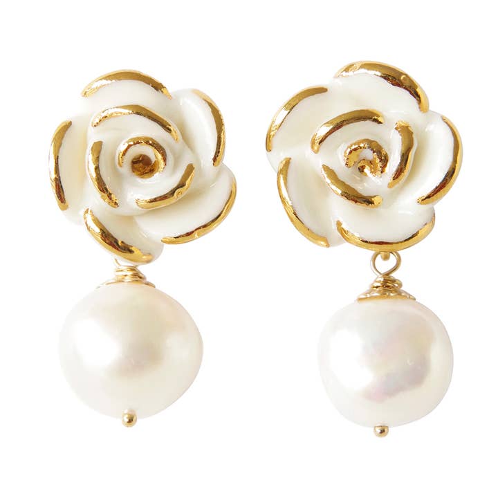 Golden White Cloud Rose Pearl Drop Earrings for wholesale by POPORCELAIN