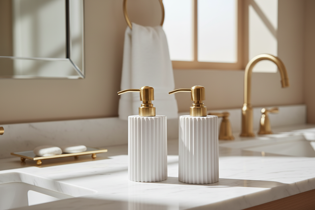 Joie Designs Co. | Refillable Bottles - Wholesale Soap Dispenser - Modern Ribbed Soap Dispenser – 10oz Vanilla White, Gold Pump2