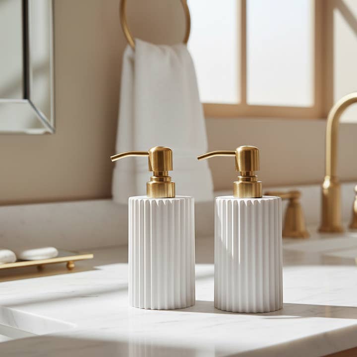 Joie Designs Co. | Refillable Bottles - Wholesale Soap Dispenser - Modern Ribbed Soap Dispenser – 10oz Vanilla White, Gold Pump2