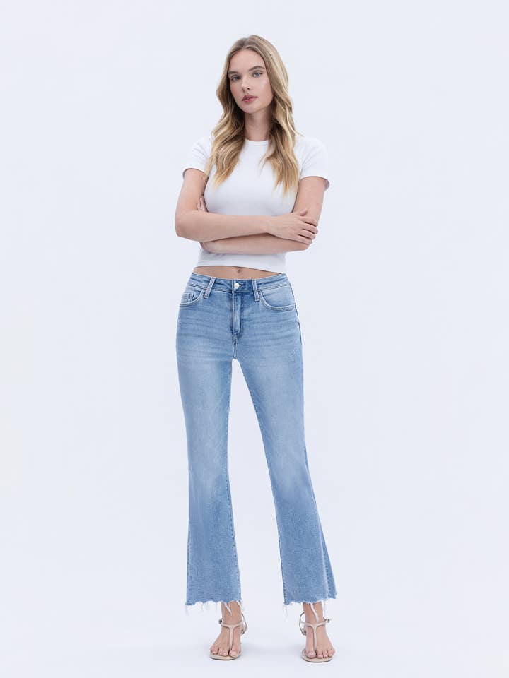 HIGH RISE UNEVEN RAW HEM KICK FLARE JEANS LV1831 for wholesale by Lovervet by VERVET
