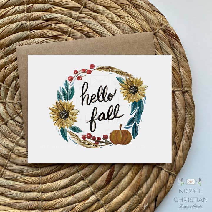 Hello Fall (From a Watercolor Image) Greeting Card for wholesale by Nicole Christian - Illustration
