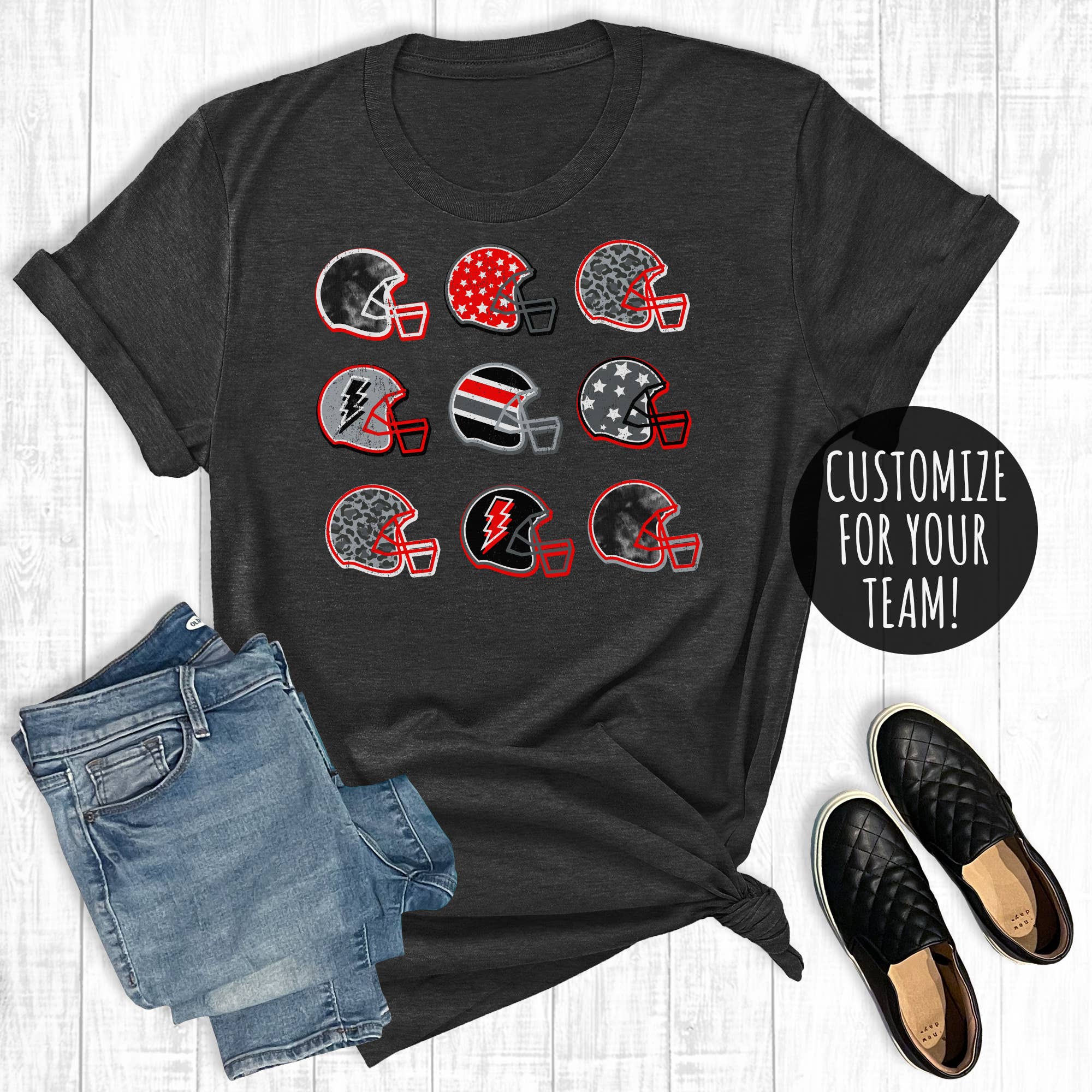 Kohle Kundenspezifisches Grafik-T-Shirt mit Helmen in Retro-Fußballmannschaftsfarben für den Großhandel auf Faire