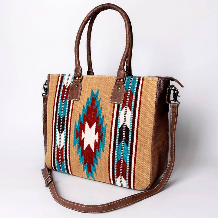 LS Western - Wholesale Tote Bag - Women's - ADBG1005 American Darling Handwoven Saddle Blanket Tote Bag Genuine Leather Trim