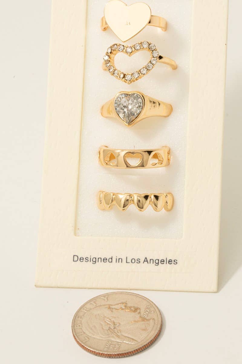 Fame Accessories - Wholesale Band/Stacked Ring - 5Pc Mixed Heart Style Band Rings Set1