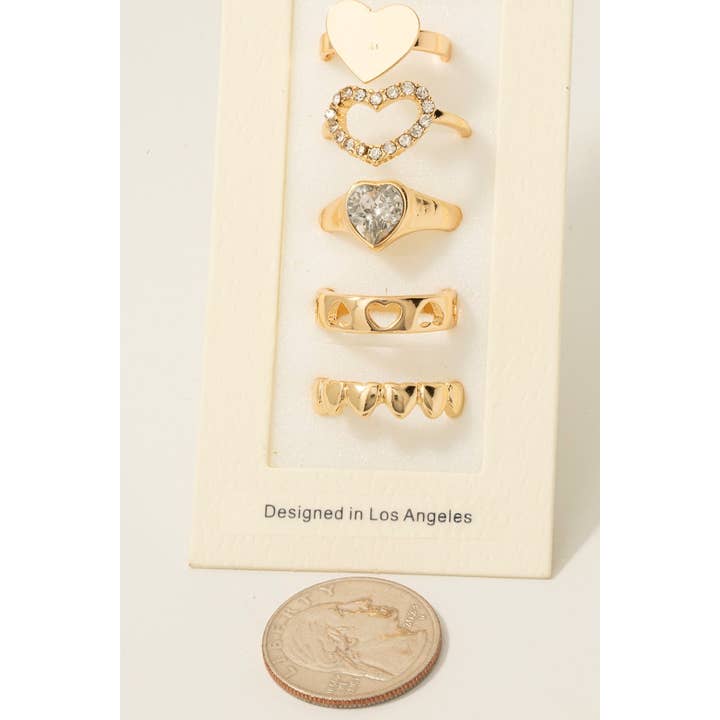 Fame Accessories - Wholesale Band/Stacked Ring - 5Pc Mixed Heart Style Band Rings Set1