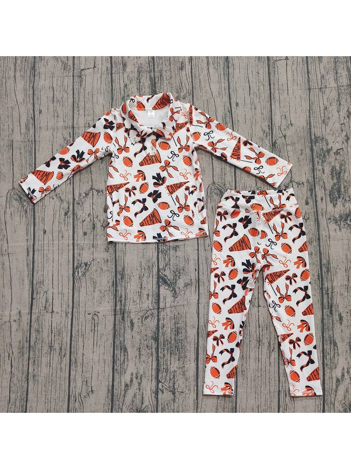 Aier Wholesale - Wholesale Top & leggings set – Kids - Baby Girls Orange Bows Footballs Go Teams Pullovers Leggings Yoga Active Clothes Set2