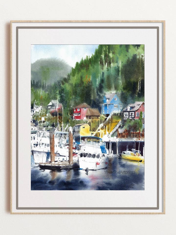 Impression artistique giclée sur paysage de l'Alaska et maisons sur pilotis de Ketchikan pour la vente par Yuliasheart