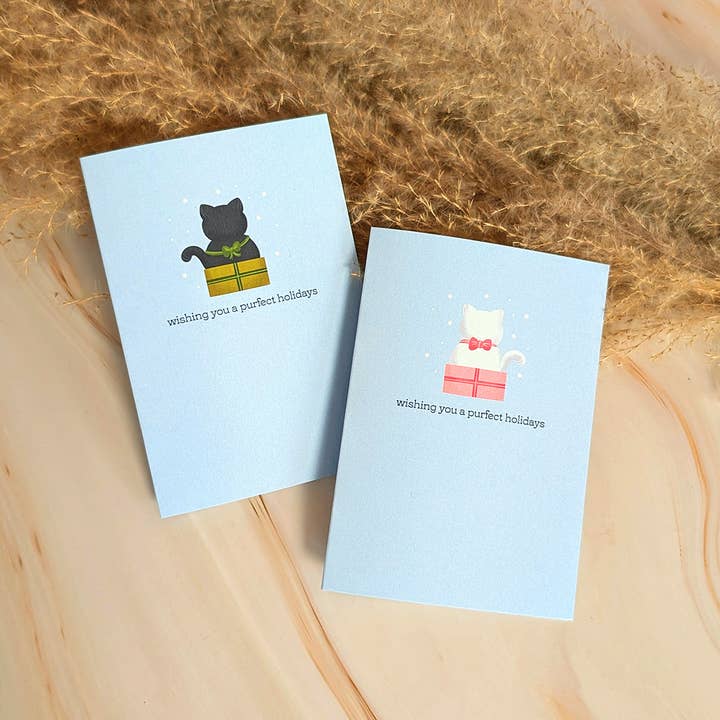 Wishing You A Purfect Holidays Mini Cat Greeting Card for wholesale by Cheeky Peach Designs
