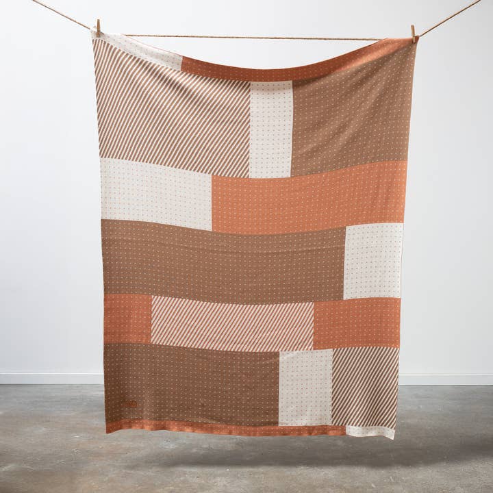 100% Cotton Knitted Throw - Color Block Throw in Pumpkin, Latte and Cream for wholesale by Thyme and Sage Home Textiles