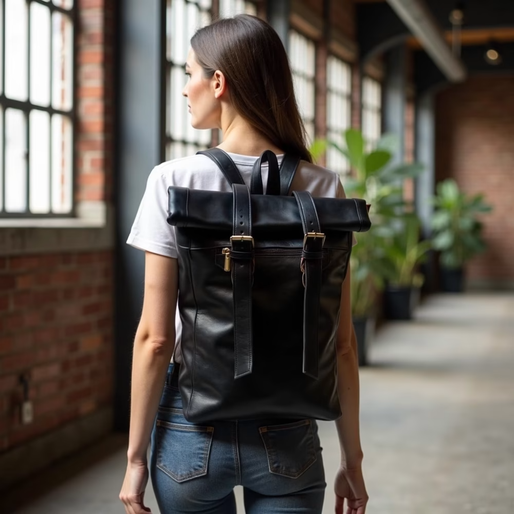 High crafty – wholesale Backpack – Unisex – Urban Black Leather Backpack – Handcrafted Rolltop Design7