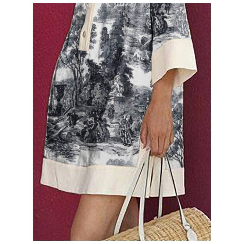 SVART VIT Långärmade lösa tryckta miniklänningar med krage för wholesale på Faire2