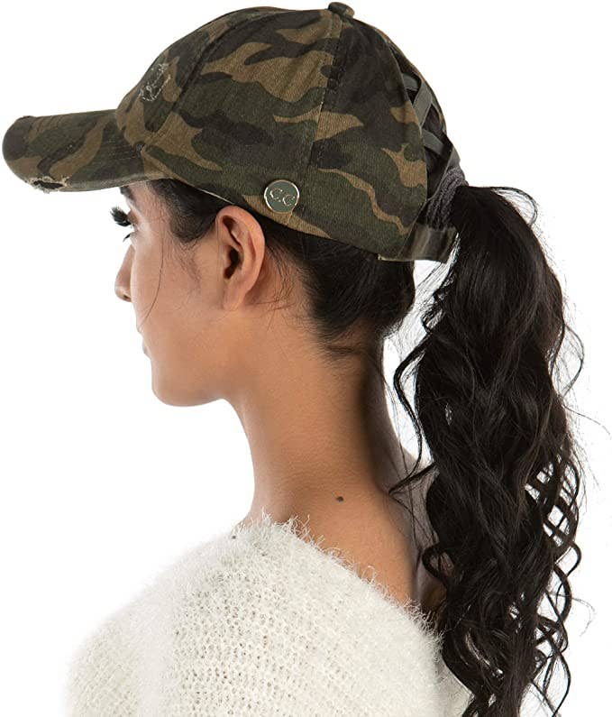 Funky Junque - Vendita all'ingrosso Cappello per coda di cavallo - Donna - Cappellino a coda di cavallo Criss Cross con bottoni (Camo Olive)3