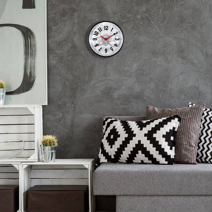 Reloj de pared grande de 40 cm, engranajes expuestos, blanco y negro para venta al por mayor de Viceni