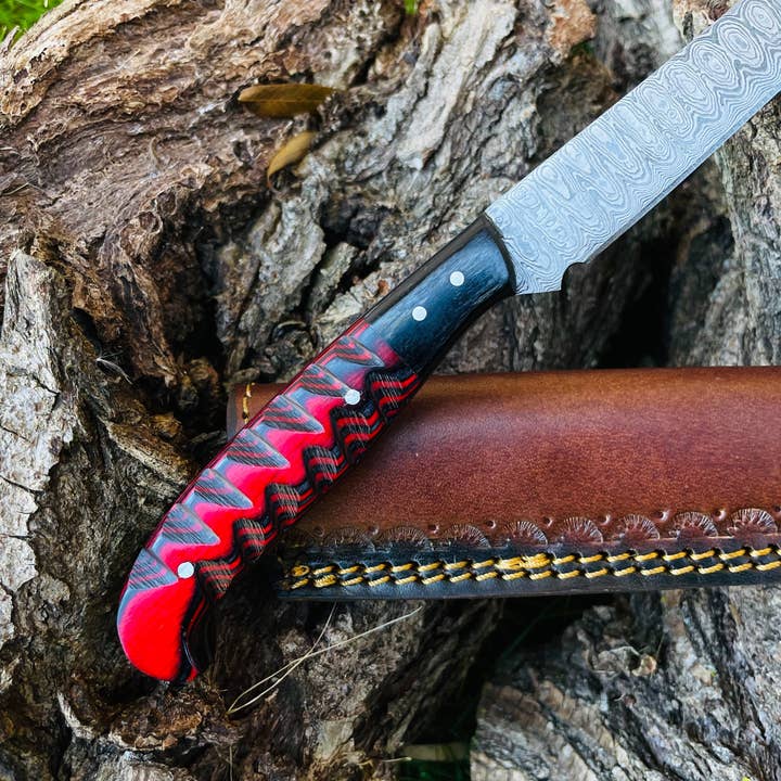 Titan International - Wholesale Pocket Knife/Holder - Damascus Steel Custom Flay Knife with Craved Grips TK-051