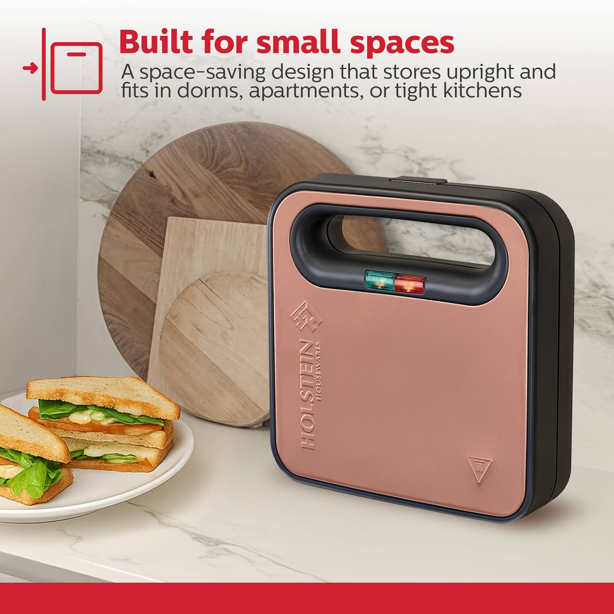 Holstein Housewares - Wholesale Kitchen Appliance - 2-SLICE SANDWICH MAKER & GRIDDLE ROSE GOLD1