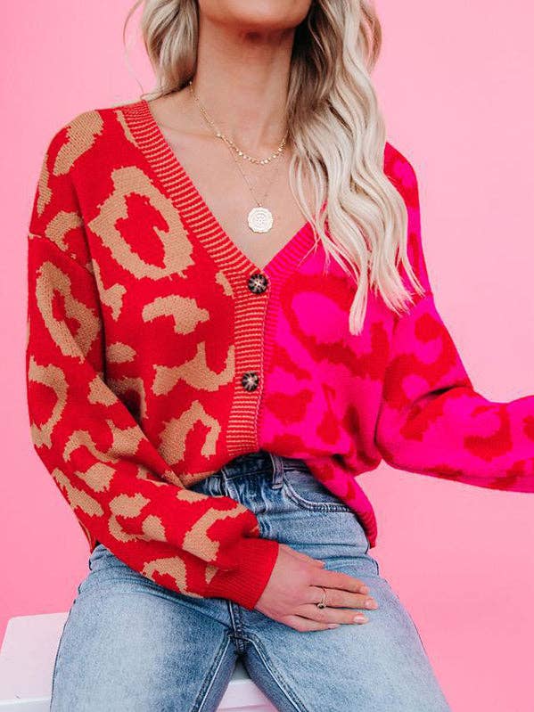 Cardigan leopardato a maniche lunghe con scollo a V e bottoni larghi per la vendita all'ingrosso da parte di StyleGalX