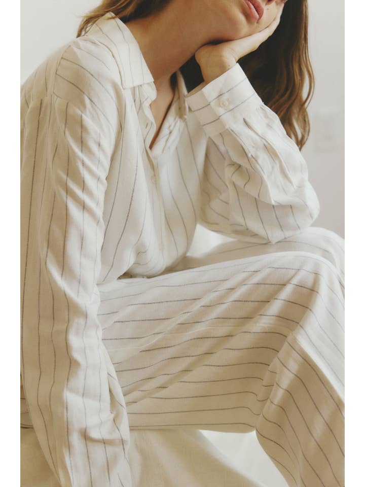 WHITE The Raquel Top | Pinstripe Linen Blend Button-Down Shirt for wholesale on Faire