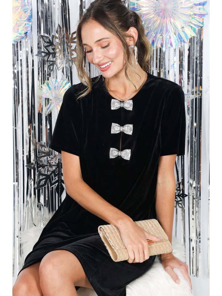 Vine & Love - Wholesale Dress - Women's - Sparkling Sequin Bow Embellished Velvet Dress VD827375