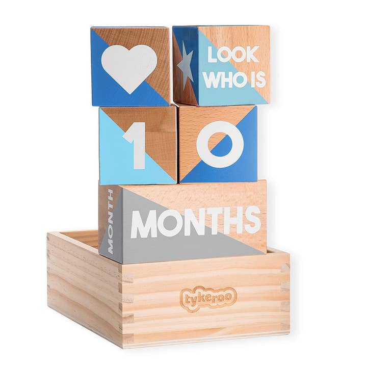Baby Milestone Blocks, Blue & Gray - Heirloom Quality for wholesale by Tykeroo