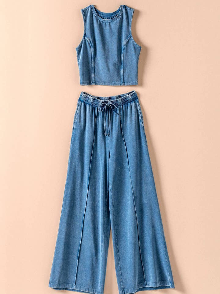 Ensemble débardeur court et pantalon large en coton délavé minéral pour la vente par Urban Daizy