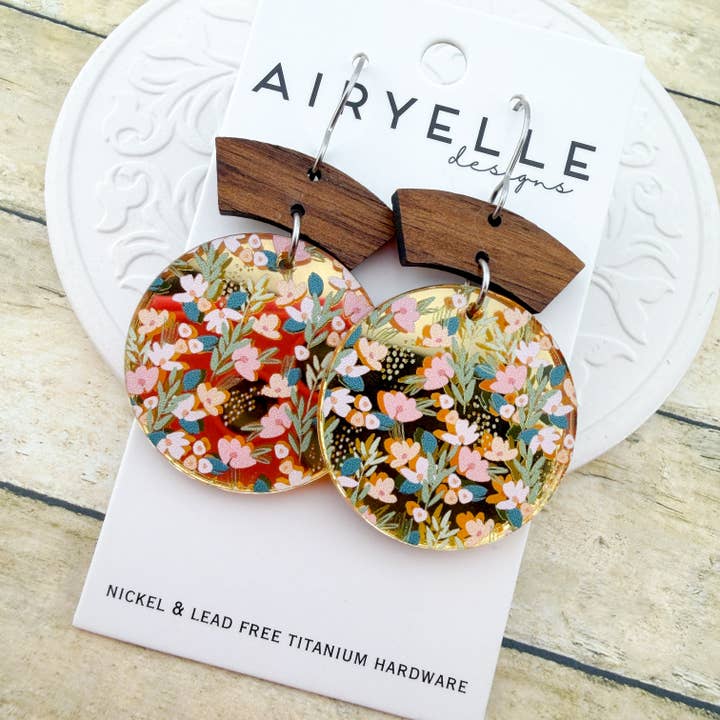 Gilded Garden Acrylic + Wood Round Earrings - Titanium for Sensitive Ears for wholesale by Airyelle Designs
